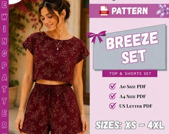 Women's Two Piece Set Sewing Pattern PDF | Crop Top & Shorts Beginner Pattern| Summer Lounge Set | Digital Download XS-4XL | A0 A4 US Letter