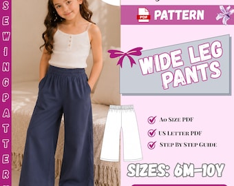 Naaipatroon meisjes wijde pijpen broek PDF | Elastische taillebroek voor kinderen | Patroon peuter- en meisjesbroek 6 jaar (m-10 jaar) | Eenvoudige kinderbroek