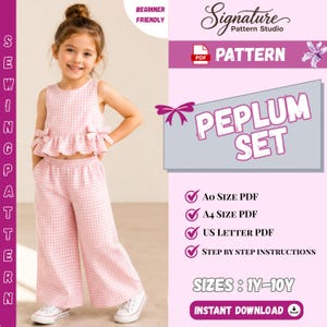 May include: A pink and white gingham peplum set sewing pattern by Signature Pattern Studio. The set includes a sleeveless top with side bows and wide-leg pants. The digital PDF includes A0, A4, and US Letter sizes for ages 1Y-10Y.