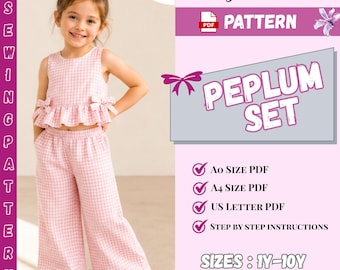 Meisjes ruches top en wijde pijpen broek naaipatroon pdf, kinderen 2-delige set patroon, peplos top set peuter outfit patroon, A0, A4 US Letter