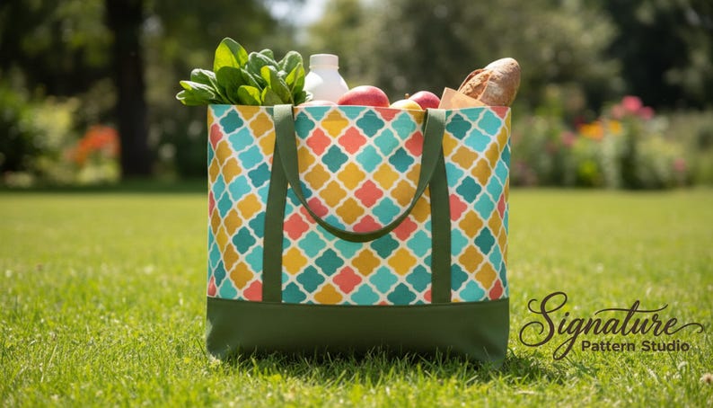 May include: A patterned tote bag filled with groceries, including fresh produce and a loaf of bread. The bag has a geometric design in teal, yellow, and coral, with green handles and a green base. The bag is on a grassy lawn.