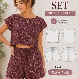 May include: A PDF sewing pattern for a Breeze Set, including a top and shorts. The set features a dark maroon fabric with a white speckled leaf pattern. The pattern includes sizes XS to 4XL, step-by-step instructions, and a full size chart.