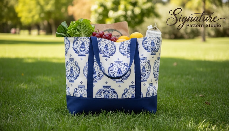 May include: A tote bag filled with groceries rests on grass. The bag features a cream background with a blue vase pattern, a solid blue base and straps. It contains lettuce, grapes, lemons, and other items. The bag is outdoors.