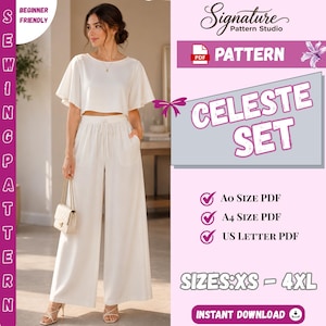 May include: A digital sewing pattern for the Celeste Set, featuring a white cropped top with flutter sleeves and matching wide-leg trousers with a drawstring waist. The document includes PDF files in A0, A4, and US Letter sizes for XS to 4XL.