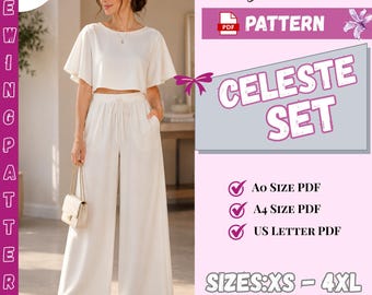 Linen Lounge Set Sewing Pattern, Cropped Flutter Sleeve Top & Palazzo Pants PDF Pattern , Women top and wide Leg Pants Pattern, XS-4XL