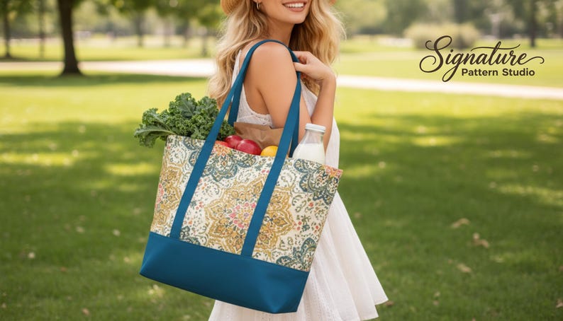 May include: A patterned tote bag with a teal base and straps, filled with groceries. The bag's upper section features a gold, teal, and cream design. The bag is being carried outdoors, with kale, apples, and a bottle of milk visible.