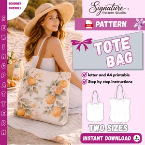May include: A beige tote bag with a botanical orange and floral print. The bag has brown straps and is held by a person wearing a sun hat. The image includes text that says "Tote Bag", "Two Sizes", and "Instant Download".