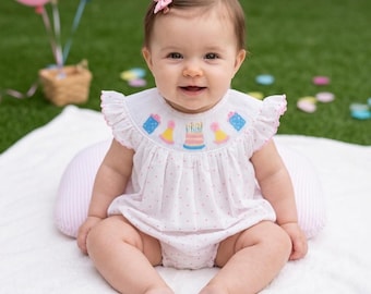 Smocked Polka Dot Baby Girl Romper Flutter Sleeve Birthday Outfit Heirloom Style