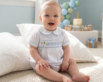 Baby Boy Birthday Smocked Bubble Romper – First Birthday Outfit