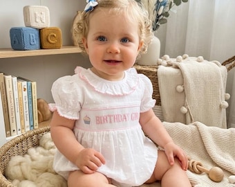 Smocked Baby Girl Birthday Bubble Romper – Embroidered Party Outfit