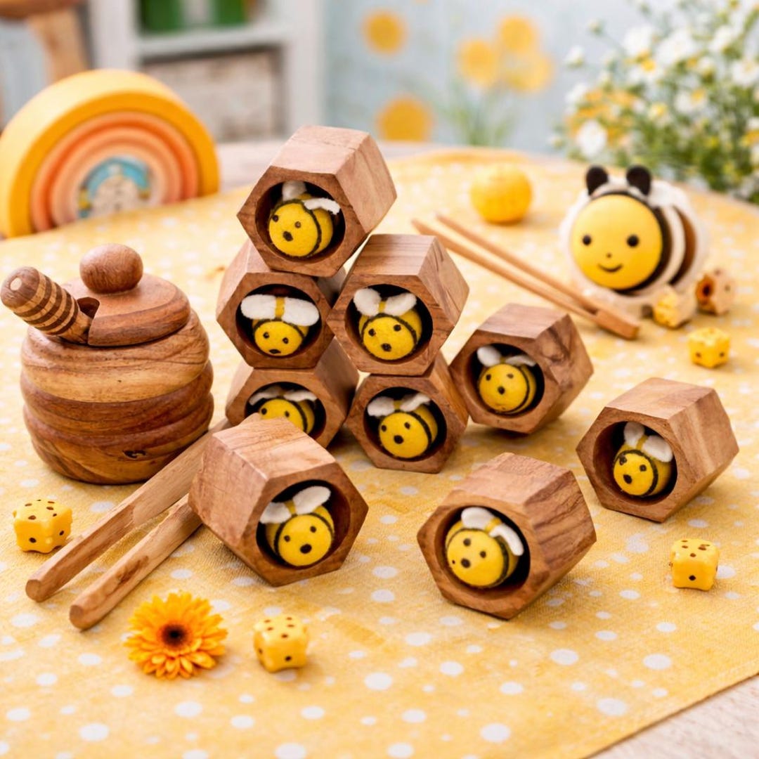 Acacia Wood Beehive Toy With Felt Bees and Honey Pot - Etsy