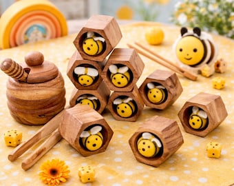 Acacia Wood Beehive Toy with Felt Bees and Honey Pot