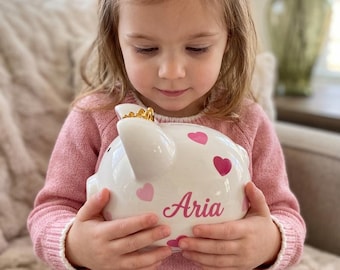 Personalized Pink Heart Piggy Bank Baby Girl Custom Name Coin Bank Kids Gift