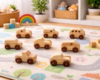 Montessori Wooden Vehicle Set – 9 Natural Wood Cars for Toddler Learning & Sensory Play