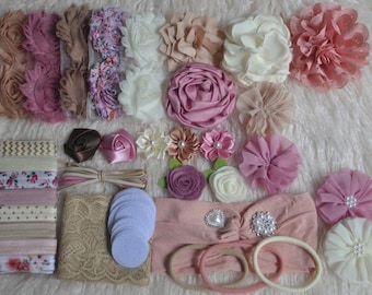 DIY Baby Headband Kit – Mauve Ivory Tan Set, Make 26+ Headbands, Baby Shower Activity