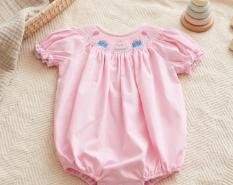 Pink Birthday Bubble Romper Girls Hand Smocked Outfit Baby Party Clothing