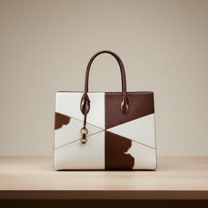 Hair-On Cowhide Leather Tote Bag, Geometric Patchwork Shoulder Purse, Western Style Handbag