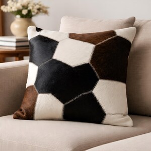 Patchwork Cowhide Leather Pillow Cover | Rustic Farmhouse Geometric Cushion (Custom Size)
