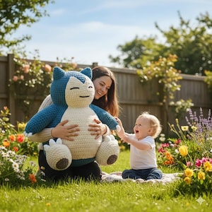 Op de afbeelding: Een grote, handgemaakte gehaakte Snorlax pluche speelgoed in blauw, crème en bruin. Een persoon houdt het pluche vast, met een baby die ernaar reikt in een zonnige tuin. Het pluche heeft een lachend gezicht.
