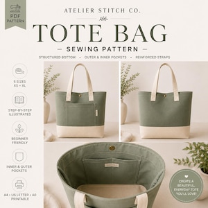 May include: A PDF sewing pattern for a tote bag by Atelier Stitch Co. The design features a sage green body with a cream-colored base, reinforced straps, and both inner and outer pockets. The pattern includes five sizes from XS to XL.