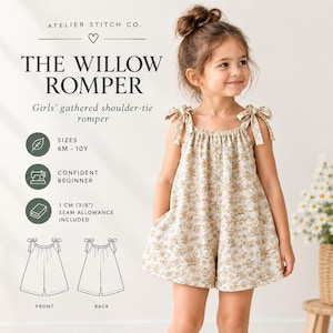 Op de afbeelding: De Willow romper van Atelier Stitch Co. is een mouwloos kledingstuk met een bloemenpatroon van gele en blauwe bloemen op een crèmekleurige achtergrond. Het heeft gestrikte schouderbandjes en een losse pasvorm. Tekst: maten 6M-10Y, 1 cm naadtoeslag.