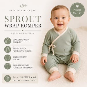 May include: A sage green long-sleeve wrap romper with cream-colored trim, a side tie closure, a single front pocket, and snap crotch. Text includes Atelier Stitch Co. Sprout Wrap Romper PDF Sewing Pattern, diagonal wrap closure, and 7 sizes 0M-2T.