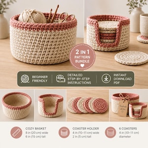 May include: A crochet pattern bundle for a round basket and a coaster holder with six coasters. The items are made with cream and dusty rose yarn. The basket is 8 inches wide and 6 inches tall. The holder is 4 inches wide and 2 inches tall.