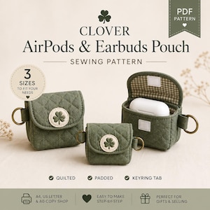 Peut inclure: Un patron de couture pour une pochette Clover pour AirPods et écouteurs, comprenant trois pochettes matelassées vert olive avec un emblème de trèfle circulaire sur le rabat, une languette pour porte-clés et une doublure intérieure à carreaux.