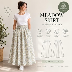 Puede incluir: Un patrón de costura imprimible para una falda Meadow, que presenta una falda larga con estampado floral, cintura elástica y bolsillos. El documento incluye dibujos técnicos, un rango de tallas de XS a XXXL y etiquetas para principiantes, cintura elástica, bolsillos amplios y telas tejidas.