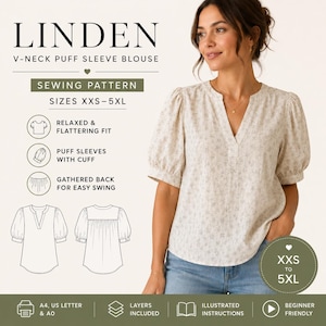 Puede incluir: Patrón de costura para blusa Linden con cuello en V y mangas abullonadas, tallas XXS-5XL. La blusa presenta un ajuste relajado, mangas abullonadas con puños y espalda fruncida. Incluye instrucciones ilustradas y formatos A4, carta y A0.