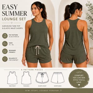 Peut inclure: Un patron de couture pour un ensemble de détente d'été facile, comprenant un débardeur sans manches et un short à taille élastique. L'ensemble présente un débardeur dos nageur et un short à cordon. Inclut des fichiers PDF pour tailles XS à 5XL.