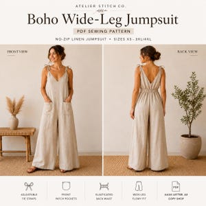 May include: A beige linen jumpsuit featuring a V-neckline, adjustable tie straps, and two front patch pockets. The wide-leg garment has an elasticated back waist. The text reads: Atelier Stitch Co. Boho Wide-Leg Jumpsuit PDF Sewing Pattern.