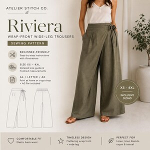 Può includere: Un cartamodello per pantaloni Riviera a gamba larga con apertura a portafoglio di Atelier Stitch Co. L'immagine mostra pantaloni verde oliva con laccio laterale, un top bianco e disegni tecnici con viste frontali e posteriori, taglie XS-4XL.