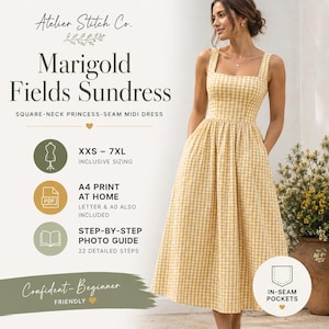 Peut inclure: Une robe midi à carreaux vichy jaune et blanc avec une encolure carrée et des coutures princesse. Le texte indique Atelier Stitch Co. Marigold Fields Sundress, Square-Neck Princess-Seam Midi Dress, XXS-7XL Inclusive Sizing, A4 Print At Home, Step-By-Step Photo Guide, et In-Seam Pockets.