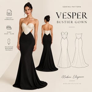 以下が含まれることがあります： Vesper Bustier Gownの型紙。クリーム色のストラップレスビスチェボディスと黒いスカートのツートンカラーのロングドレス。ドレスの正面と背面のビュー、技術的な線画、PDF即時ダウンロード、サイズEU30〜EU58、上級初心者向けレベルを示すテキストが含まれています。