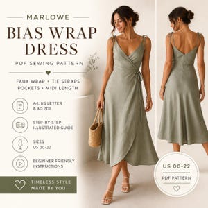 Peut inclure: Une robe midi portefeuille vert sauge avec bretelles à nouer et poches. Le texte indique : MARLOWE BIAS WRAP DRESS, PDF SEWING PATTERN, FAUX WRAP, TIE STRAPS, POCKETS, MIDI LENGTH, A4, US LETTER & A0 PDF, STEP-BY-STEP ILLUSTRATED GUIDE, SIZES US 00-22.