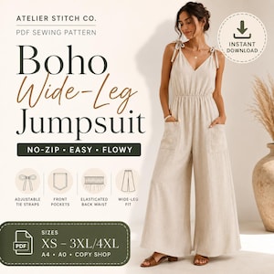 Patrón de costura para mono bohemio de pierna ancha, patrón de mono de lino, mono con tirantes anudados, lino sin cremallera, A4, Carta estadounidense, A0, Proyector, XS–3XL/4XL