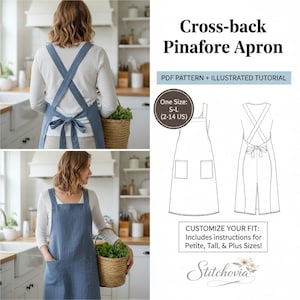 May include: A cross-back pinafore apron in light blue denim. The apron features a cross-back design, two front pockets, and a tie at the waist. The image also includes a PDF pattern and illustrated tutorial. The text reads: "One Size: S-L (2-14 US)"
