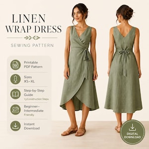 May include: A sage green sleeveless linen wrap dress with a V-neckline and a tie waist, shown from front and back views. The image includes text: LINEN WRAP DRESS SEWING PATTERN, Printable PDF Pattern, Sizes XS-XL, Step-by-Step Guide, and Instant Download.