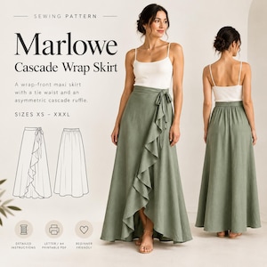 Wrap Skirt Sewing Pattern PDF, Cascade Ruffle Maxi Skirt, Tie Waist Pattern, XS-XxxL, A4 US Letter A0