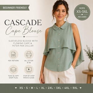 Schnittmuster für eine Bluse mit Kaskaden-Cape, PDF-Schnittmuster, Cape-Top-Schnittmuster, Peter-Pan-Kragen, ärmelloses Top, Größen XS–5XL