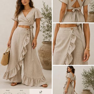 May include: A beige two-piece co-ord set featuring a wrap-front top with flutter sleeves and a cross-back tie closure. The wide-leg trousers include a buttoned overlay with a cascading ruffle detail along the front and an elasticated back waist.