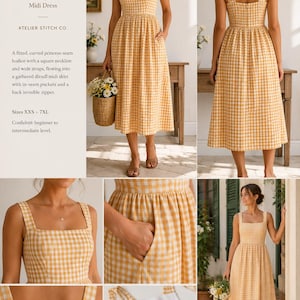 May include: A midi-length sundress featuring a yellow and white gingham pattern, a square neckline, wide shoulder straps, princess-seam bodice, and a gathered skirt with in-seam pockets. The dress includes a back invisible zipper closure.