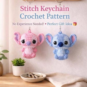 May include: Two crochet keychains, one pink and one blue, shaped like a cartoon character, suspended from a wooden rack. The text "Stitch Keychain Crochet Pattern" is visible. A small plant and a decorative dish are also in the image.