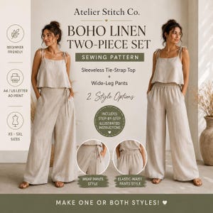 May include: A sewing pattern for a two-piece linen set titled Atelier Stitch Co. Boho Linen Two-Piece Set. It features a sleeveless tie-strap top and wide-leg pants with two style options: wrap pants or elastic-waist pants in sizes XS to 5XL.