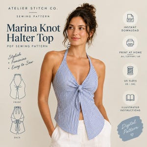 Mönster för halternecktopp med Marina-knut i PDF-format, mönster för knytband framtill, topp med öppen rygg, XS-5XL, A4 Letter A0