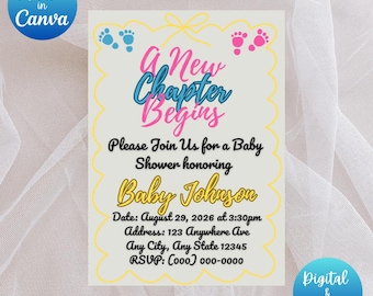 Invitación para baby shower "Comienza un nuevo capítulo" / Diseño rosa y azul (Descarga digital)
