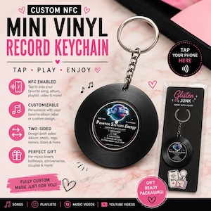Custom NFC Mini Vinyl Record Keychain, Personalized Album Art, Tap to Play Music (Gift)