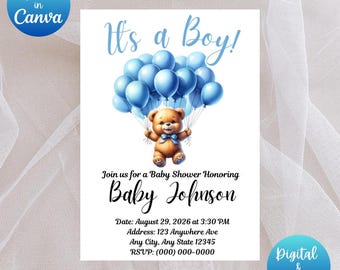 Bear Baby Shower Invitation | Blue "It's a Boy!" Teddy Bear (Digital Download)