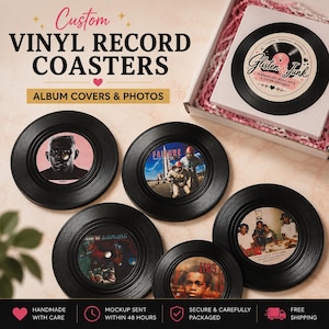 May include: A set of circular black vinyl record coasters featuring various album cover art in the center. One coaster is inside a white gift box with pink shredded paper. Text on the image reads Custom Vinyl Record Coasters Album Covers & Photos.